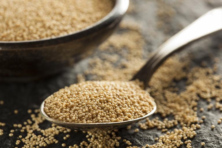 a spoonful of raw amaranth and a bowl of the ancient grain