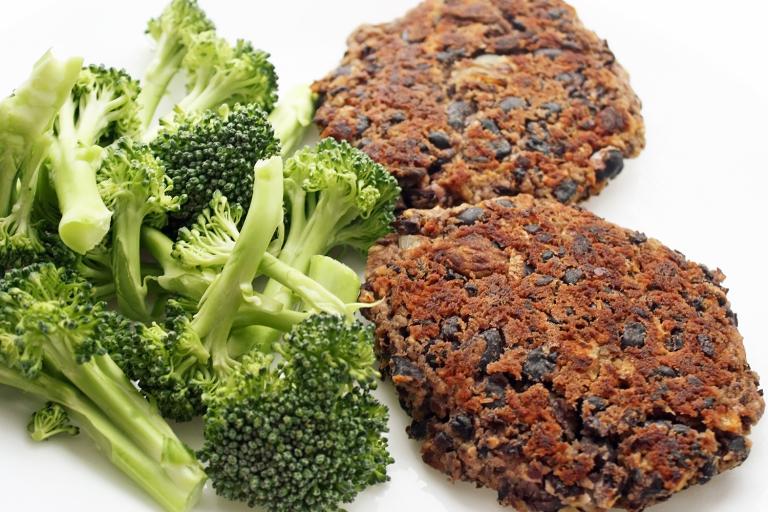 black bean patties with a side of broccoli